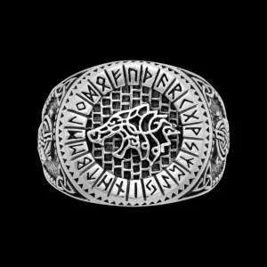 925 Sterling Silver Viking Wolf and Norse Runes Ring