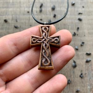Handcarved Unique Walnut Wood Celtic Knots Cross Pendant