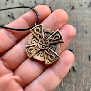 Handcarved Unique Walnut Wood Celtic Knots Cross Triskelion Pendant Style 2