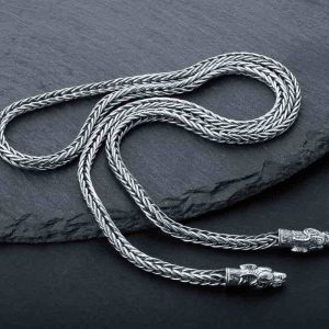 Handcrafted Sterling Silver Wheat Chain with Wolf Head Tips,Norse Jewelry