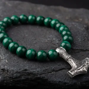Handcrafted Viking Bracelet In Malachite With Mjolnir