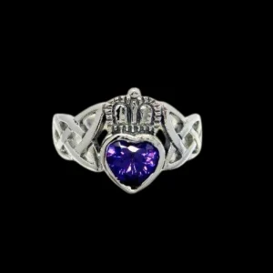 Sterling Silver Celtic Claddagh Ring With Purple Zirconia