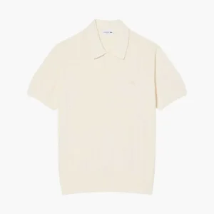 Fluid Ribbed Knit Polo Collar Sweater Beige