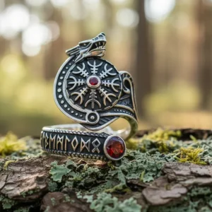 Sterling Silver Helm of Awe Wolf Ring Handmade Norse Jewelry