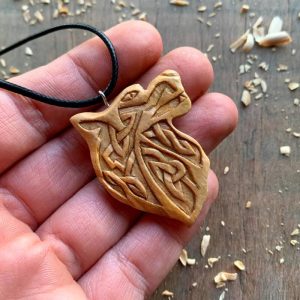 Handcarved Unique Wood Norse Design Wolf Pendant