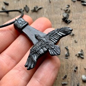 Handcarved Unique Bog Oak Wood Mjolnir Raven Triquetra Pendant