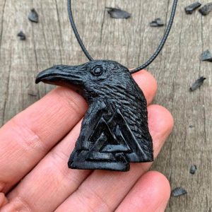 Handcarved Unique Bog Oak Wood Raven and Valknut Pendant