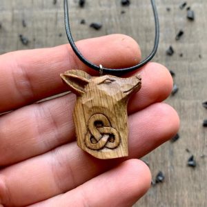 Handcarved Unique Oak Wood Celtic Fox Head Triquetra Pendant Style 2