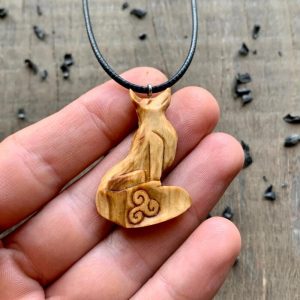 Handcarved Unique Olive Wood Celtic Fox Triskelion Design Pendant