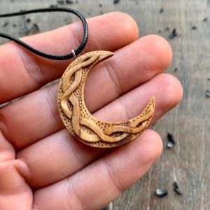 Handcarved Unique Olive Wood Celtic Moon Pendant