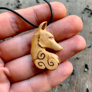 Handcarved Unique Plum Wood Celtic Fox Head Triskelion Pendant