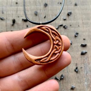 Handcarved Unique Plum Wood Celtic Moon Pendant