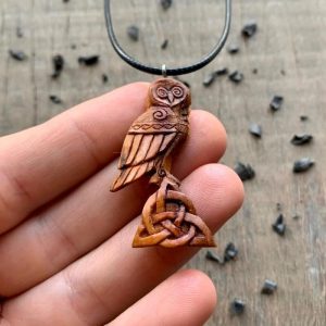 Handcarved Unique Plum Wood Celtic Owl Triquetra Pendant Style 1