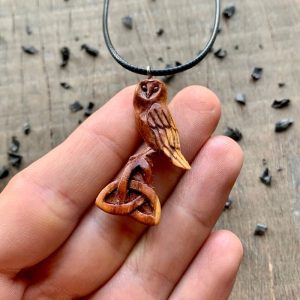 Handcarved Unique Plum Wood Celtic Owl Triquetra Pendant Style 3