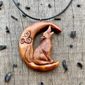 Handcarved Unique Plum Wood Celtic Wolf on Moon Pendant