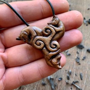 Handcarved Unique Wood Three Foxes and Triskelion Pendant