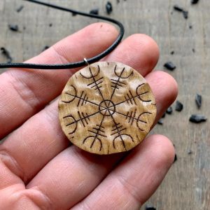 Handcarved Unique Walnut Wood Aegishjalmur Pendant