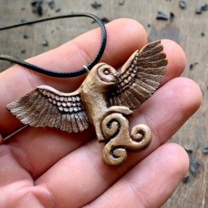 Handcarved Unique Walnut Wood Barn Owl and Triskelion Pendant