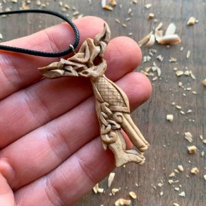 Handcarved Unique Walnut Wood Celtic Deer Pendant Style 1