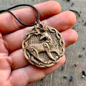 Handcarved Unique Walnut Wood Celtic Deer Pendant Style 3