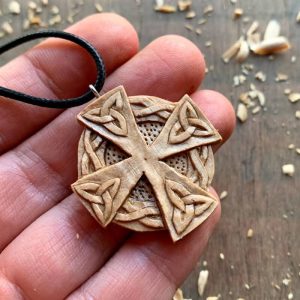 Handcarved Unique Walnut Wood Celtic Knots Cross Triquetra Pendant Style 3