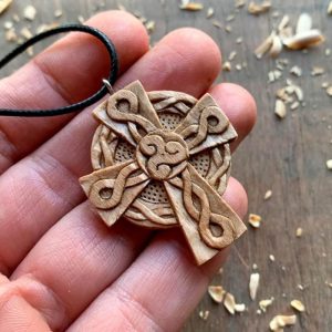 Handcarved Unique Walnut Wood Celtic Knots Cross Triskelion Pendant Style 1