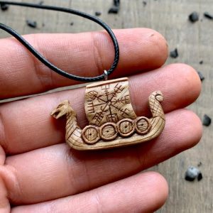 Handcarved Unique Walnut Wood Drakkar Vegvisir Pendant