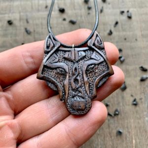 Handcarved Unique Walnut Wood Fenrir Head Pendant