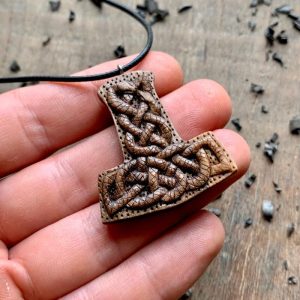 Handcarved Unique Walnut Wood Mjolnir Uroboro Snakes Pendant