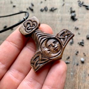 Handcarved Unique Walnut Wood Mjolnir With Sun And Moon Pendant