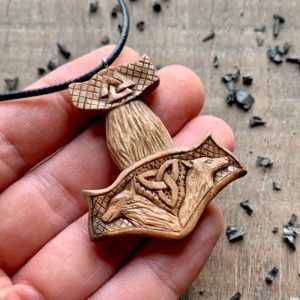 Handcarved Unique Walnut Wood Mjolnir With Wolves And Valknut Pendant