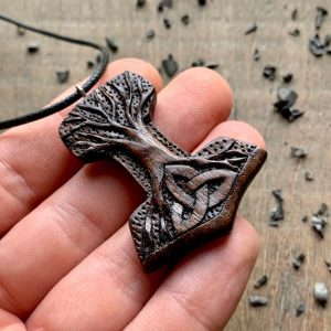 Handcarved Unique Walnut Wood Mjolnir With Yggdrasil And Triquetra Pendant