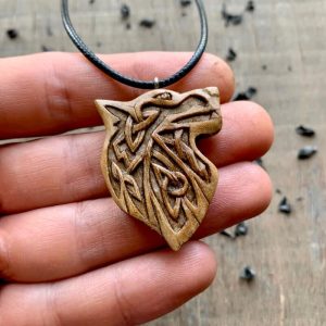 Handcarved Unique Walnut Wood Norse Design Wolf Pendant