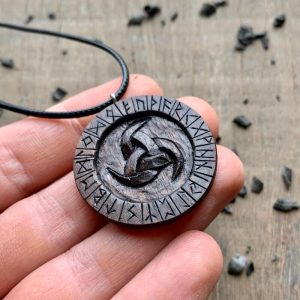 Handcarved Unique Walnut Wood Odin's Horns and Runes Pendant