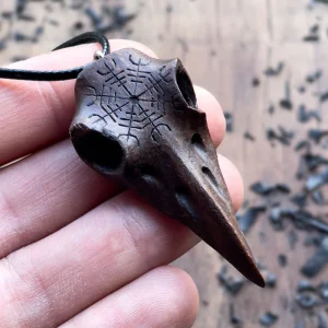 Handcarved Unique Walnut Wood Raven Skull Aegishjalmur Pendant