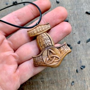 Handcarved Unique Wood Walnut Runic Mjolnir Triquetra Pendant