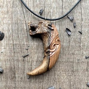 Handcarved Unique Walnut Wood Viking Fenrir Claw Pendant Style 2