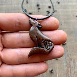 Handcarved Unique Walnut Wood Wolf and Triskelion  Pendant