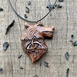 Handcarved Unique Walnut Wood Wolf Head and Triquetra Pendant