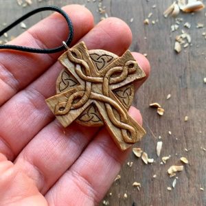 Handcarved Unique Wood Celtic Knots Cross Triquetra Pendant Style 1