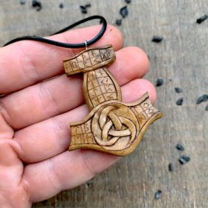 Handcarved Unique Wood Walnut Runic Mjolnir Odin's Horns Pendant