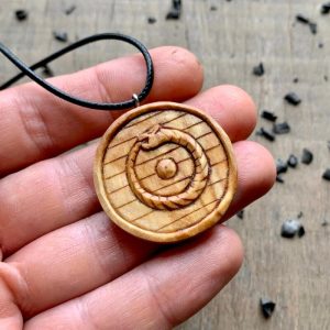 Handcarved Unique Wood Uroboro Viking Shield Pendant