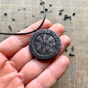 Handcarved Unique Wood Vegvisir Runes Pendant