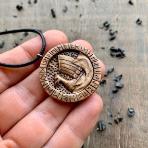 Handcarved Unique Wood Walnut Drakkar Runes Pendant