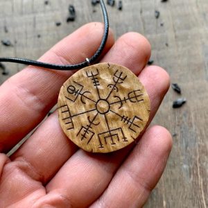 Handcarved Unique Wood  Walnut Vegvisir Pendant