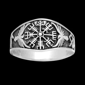 Vegvisir With Raven And Runes Ring 925 Sterling Silver