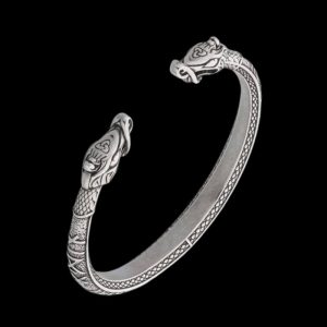 Handcrafted Viking Armring with Dragon's Head and Runic Inscription