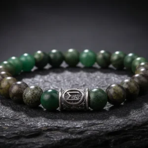 Viking Bracelet Gn Green Jasper And Nephrite With Rune Bead