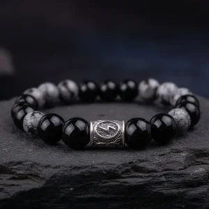 Viking Bracelet In Black Agate and Grey Obsidian With Rune Bead