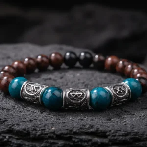Viking Bracelet with Apatite and Red Obsidian And Runes